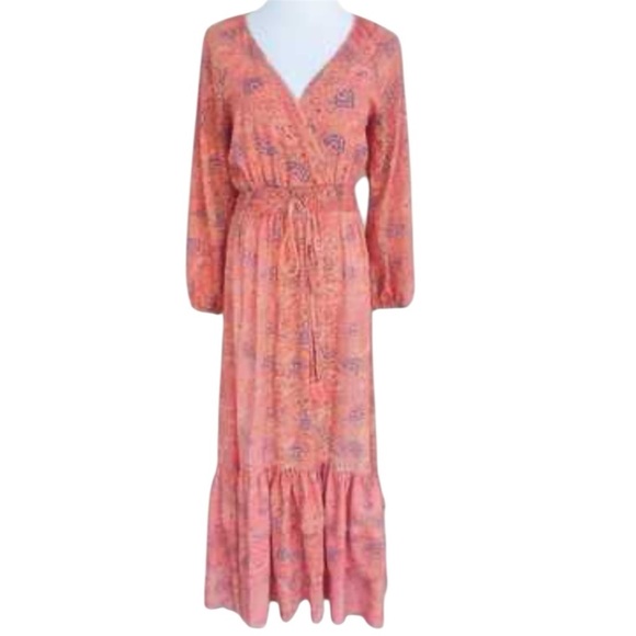 boemo Dresses & Skirts - Anthropologie Boemo Coral Pink Tiered Maxi Dress Long Sleeve Boho Size S
